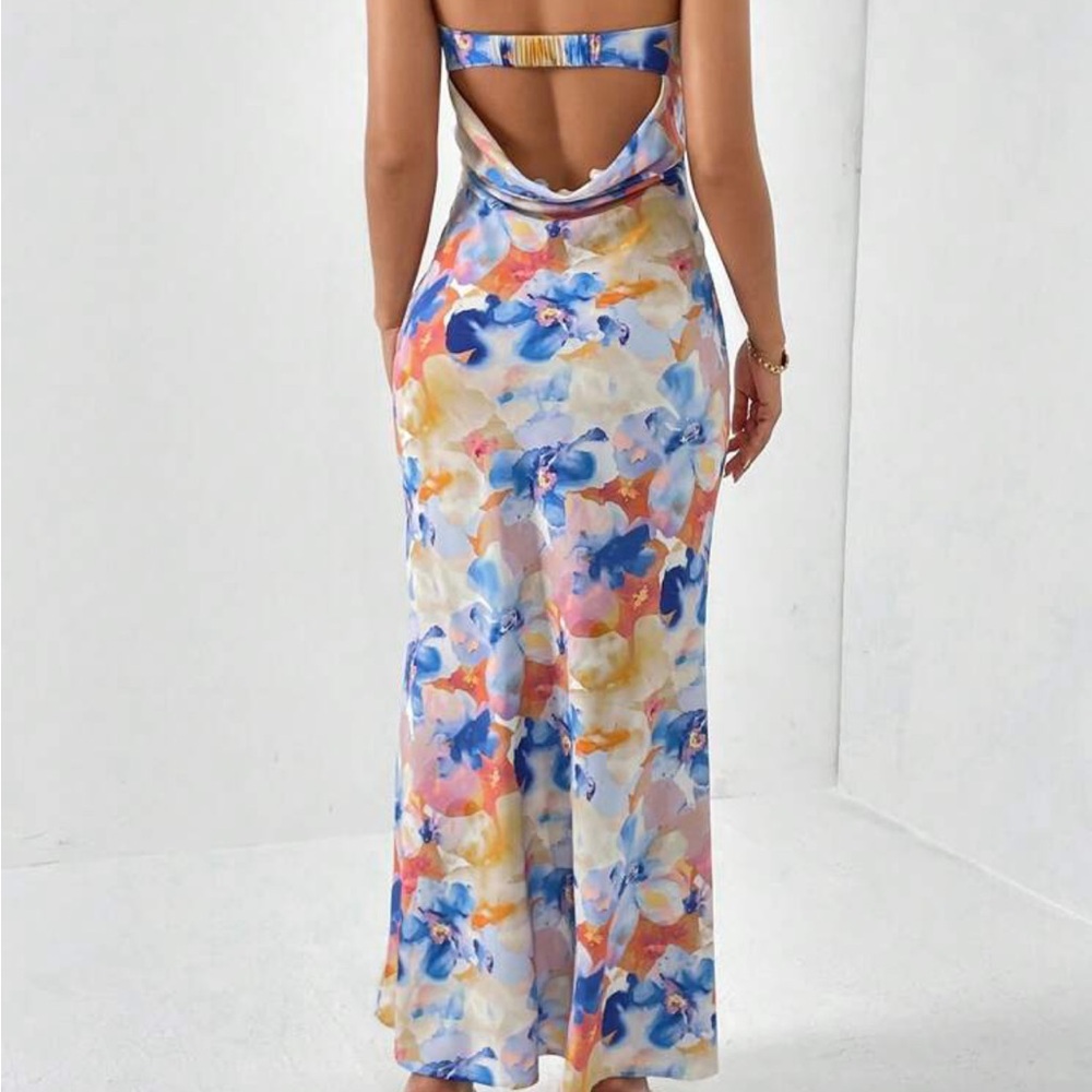 Floral Print Strapless Draped Backless Maxi Dress